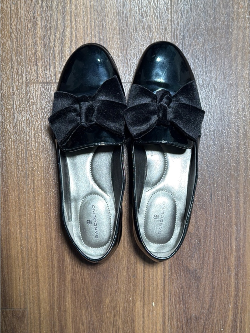 Bandolino Black Patent Loafers with Velvet Bow Accent